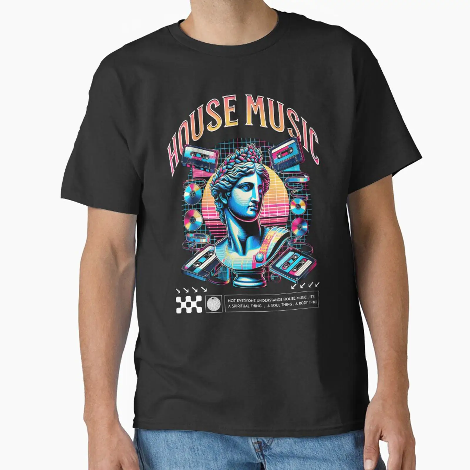 Audio House Music - เสื้อยืดสีขาวลายไอคอนเพลง HOUSE MUSIC สไตล์วินเทจ ซักแล้ว ใส่ได้ทุกวัน